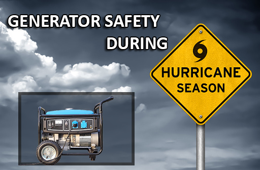 A stormy sky with a generator and a sign saying "Generator Safety During Hurricane Season"